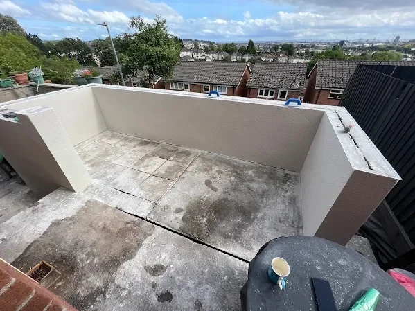The same balcony from the other corner, every return and arris rendered straight