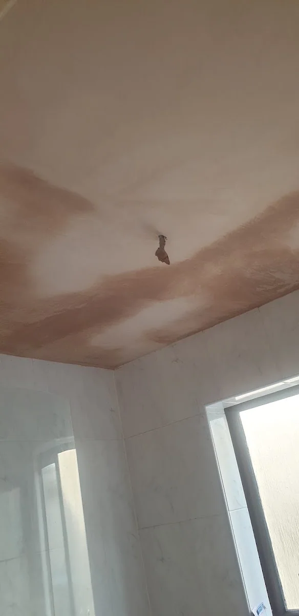 Close-up of a skimmed wall-to-ceiling junction, cut in straight beside the window